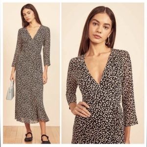 Reformation Alessandra Pearls Midi Wrap Dress Black White Sleeves Small